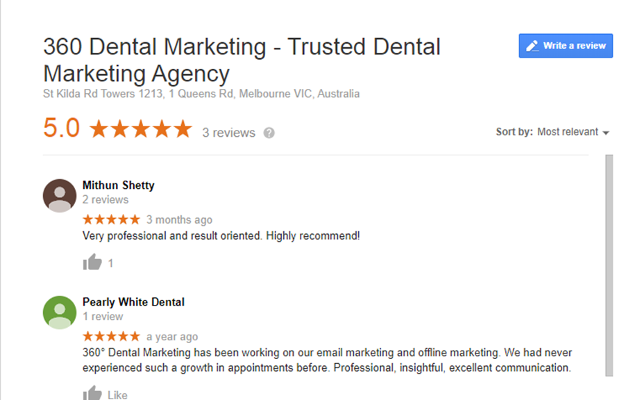 Google Reviews 360 Dental Marketing